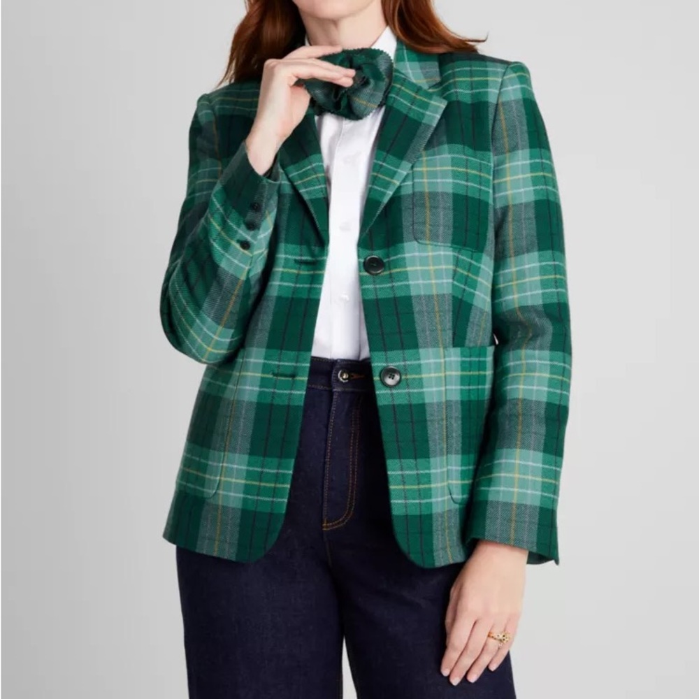 Kate Spade Greenhouse Plaid Blazer NWT Size 14 Pine Grove Green